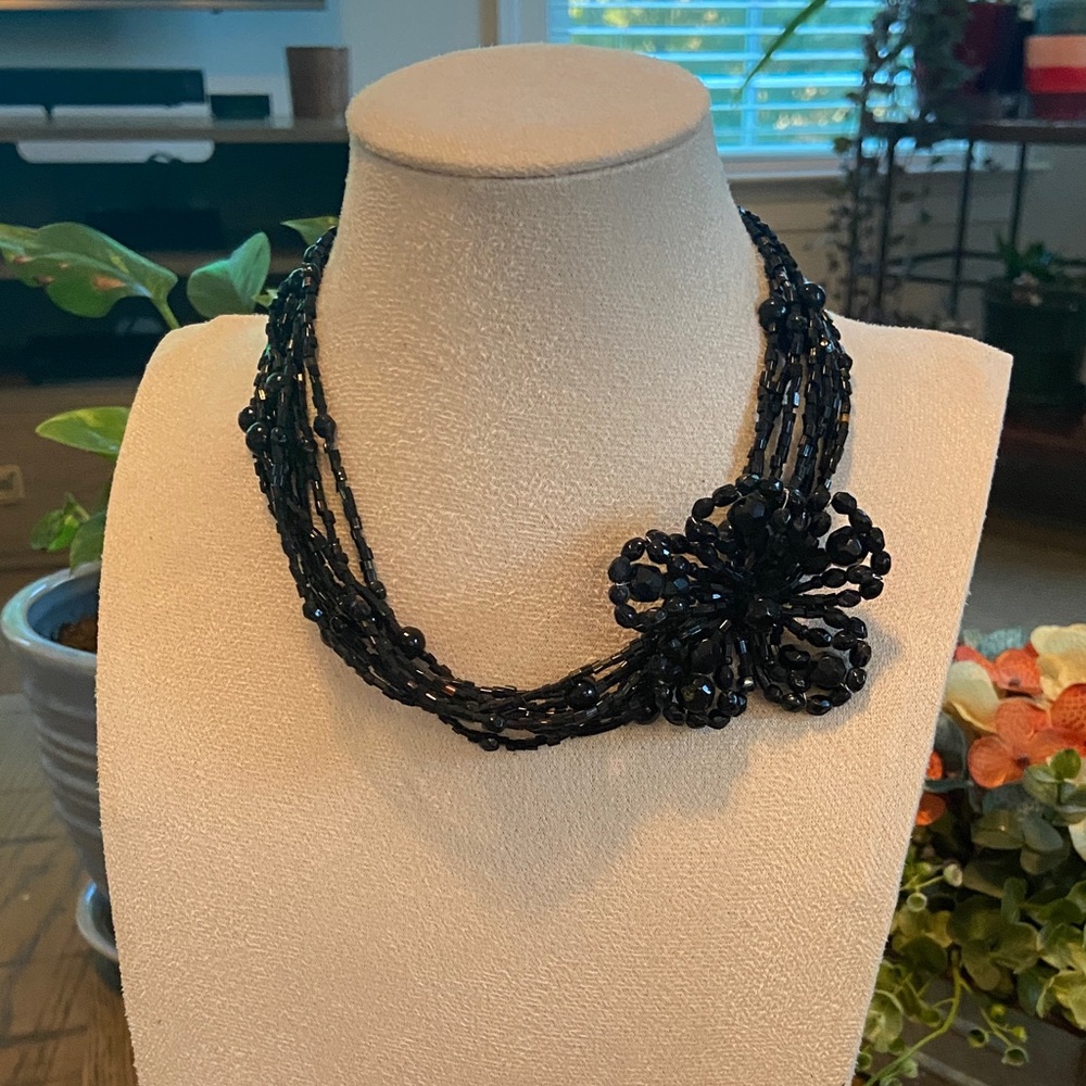 Source Unknown Black Beaded Necklace With Floral … - image 1